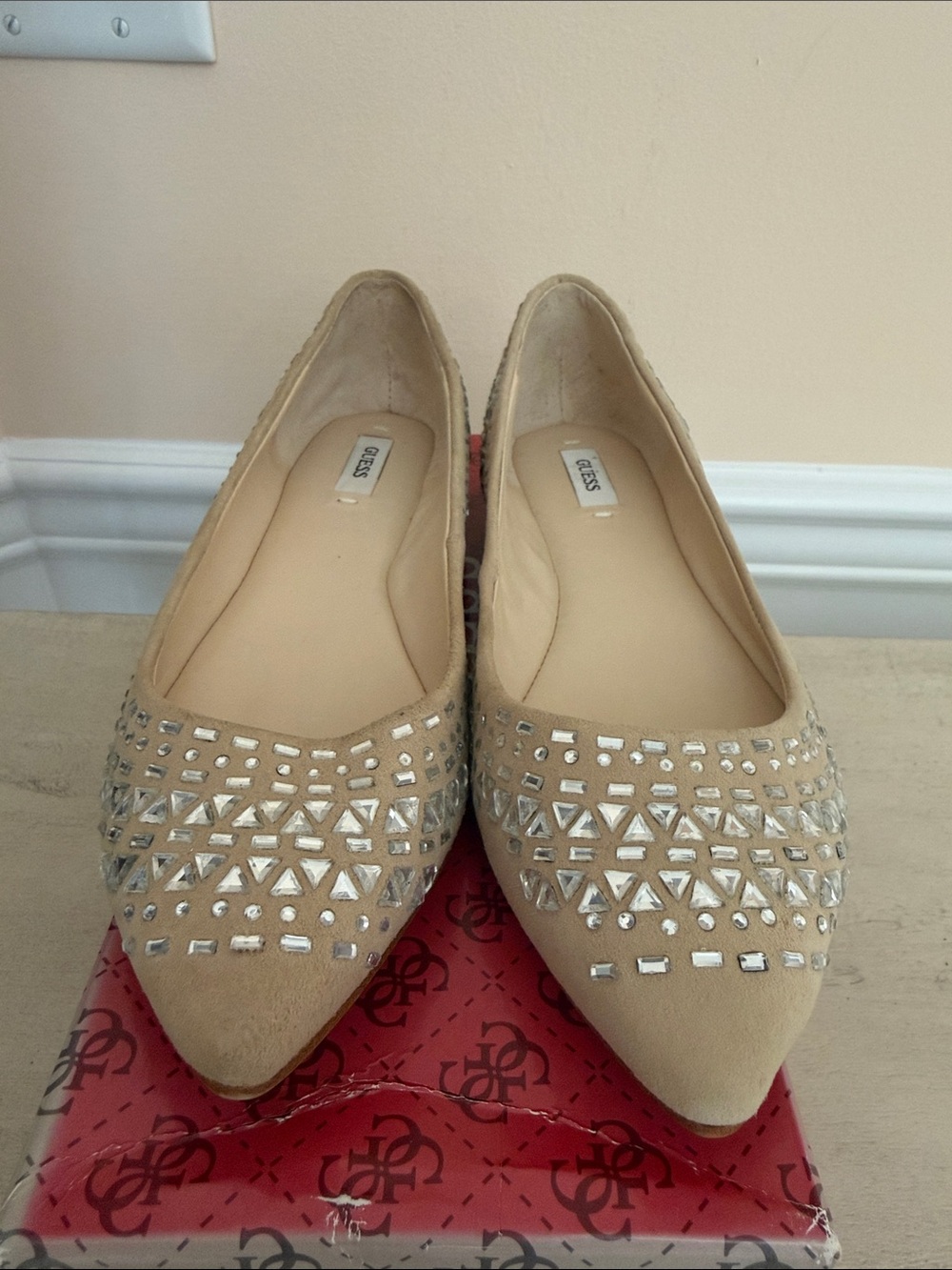 Guess Nude Pointed-Toe Flats with Silver Studs